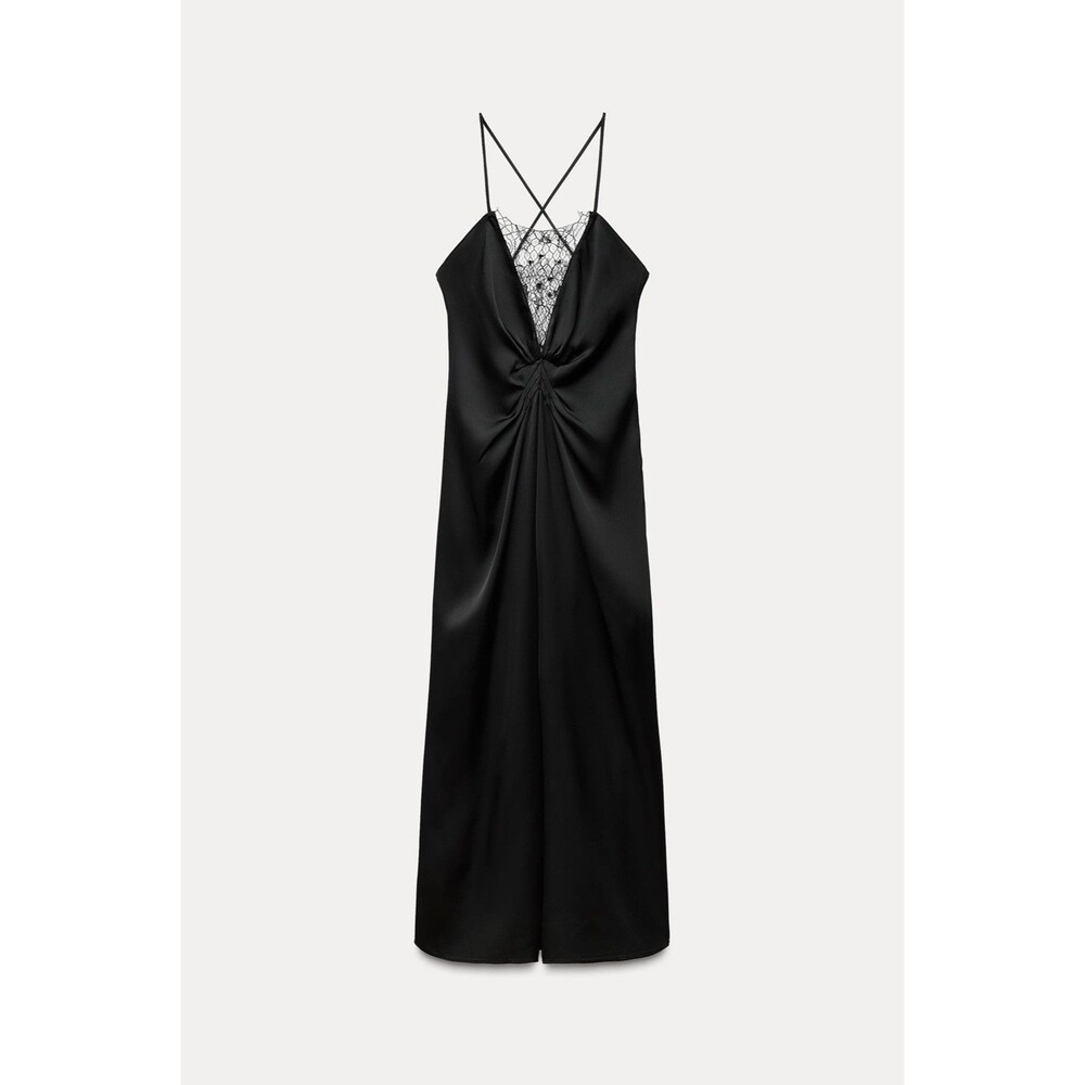 Zara Long Lace Lingerie Style Dress Black Midi ZW Collection Medium 1223/260